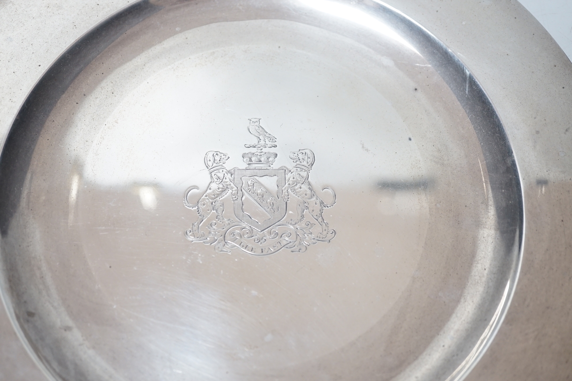 An Edwardian silver plate with engraved armorial, Hancocks & Co, London, 1907, 25.4cm, 14.4oz.